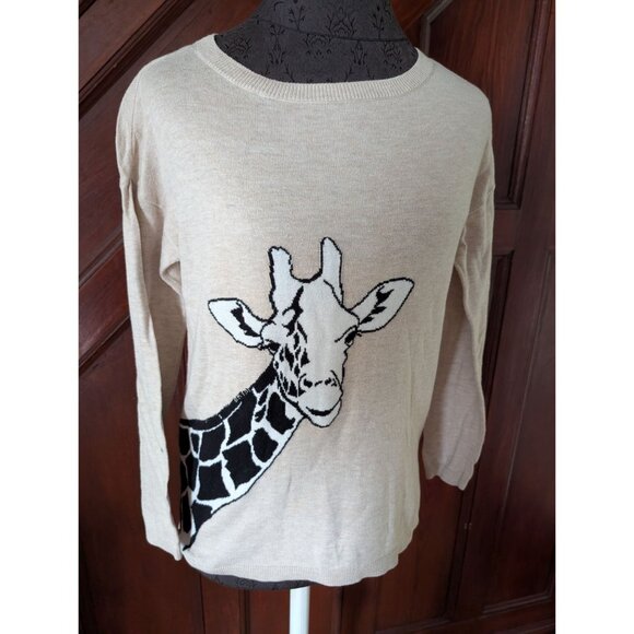 Talbots Petite Beige Sweater With Giraffe Graphic Long Sleeve Womens P - Picture 1 of 7